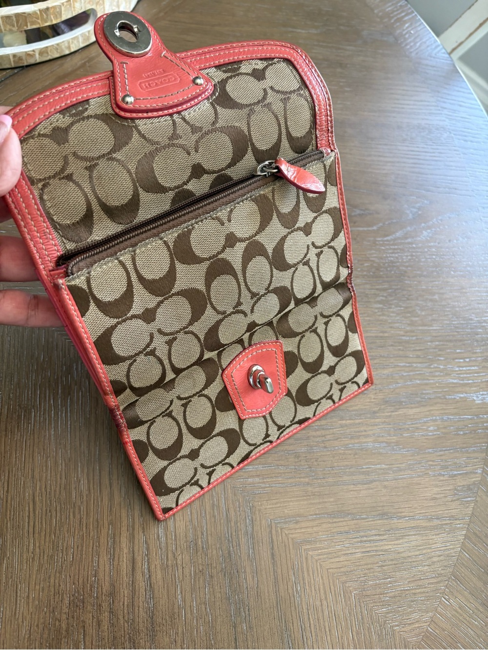 Coach Brown Signature Canvas Wallet with Coral Trim - Picture 4 of 4